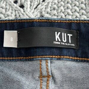 KUT, dark blue, skinny ish, stretchy ish, distressed opening,